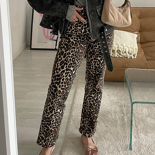 Pantalon taille haute à imprimé léopard pour femme